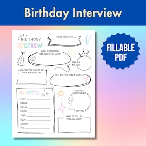 Kids Birthday Year In Review Printable | Kids Keepsake Questions | Interview Questions To Ask Kids | Fillable PDF | Birthday Interview