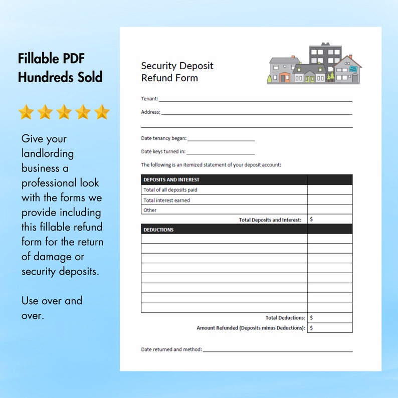 Fillable Security Deposit Refund Form for Landlords (PDF) - Etsy