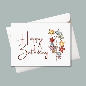 Cartão de aniversário imprimível | Cartão floral do feliz aniversario | Cartão para download | Simples Minimalista Boho Bonito | Envelope imprimível incluído