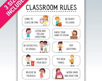 Classroom Rules Poster: Printable Art for Preschool, Kindergarten (3 Sizes)(PNG Digital Download