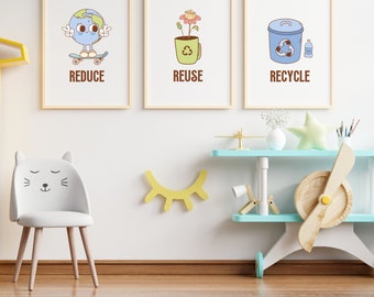Reducir la reutilización Reciclar niños Arte de pared digital / Signo de reciclaje / Salvar el planeta Tierra / Día de la Tierra imprimible / Cuidar el medio ambiente para los niños