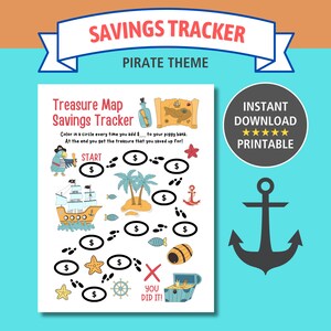 Sparherausforderung für Kinder | Spar-Tracker-Schatzkarte | Finanzplaner für Kinder | Budget-Tracker | Malvorlagen für Kinder | Piraten-Thema