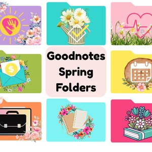 May include: A collection of digital Goodnotes Spring Folders. Each folder features a unique design, including floral arrangements, a heart with a heartbeat, a calendar, and a briefcase. The folders are in various colors, such as pink, green, and yellow.