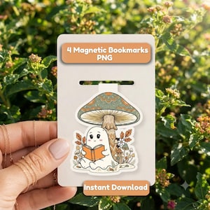 May include: A magnetic bookmark featuring a white ghost character reading an orange book under a large, patterned mushroom. The bookmark is displayed on a white card with the text 4 Magnetic Bookmarks PNG and Instant Download printed on it.