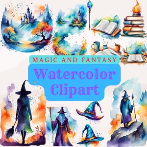 May include: Watercolour clipart set featuring a castle, a wizard, a witch, a book, a magic wand, and a hat. The clipart is in a whimsical style with a blue, purple, and orange colour scheme.
