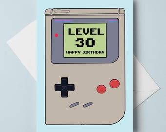 30th Birthday Card - Funny Retro Gaming - 90s Handheld Console - Level 30 Birthday Card - Gift for a Gamer Friend - Customizable