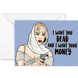 Debbie Jellinsky "Te quiero muerto y quiero tu dinero" La familia Addams, tarjeta de felicitación A6