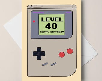40th Birthday Card - Funny Retro Gaming - 90s Handheld Console - Level 40 Birthday Card - Gift for a Gamer Friend - Customizable