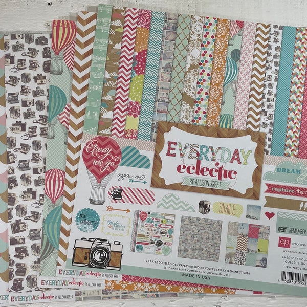 Everyday Eclectic Collection 6 Sheets Scrapbook Paper and Sticker Sheet 12x12 Echo Park
