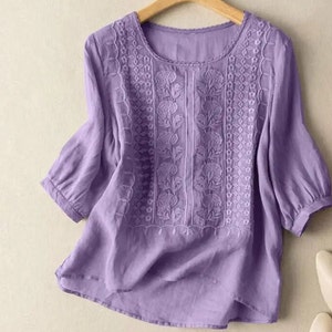 Embroidered Womens Summer Tops 3/4 Puff Sleeve Loose Blouse Cotton