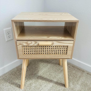 Mid Century Rattan Nightstand with Drawer, Wooden Bedside Table, Modern Side Table for Bedroom, Living Room & Small Space Decor