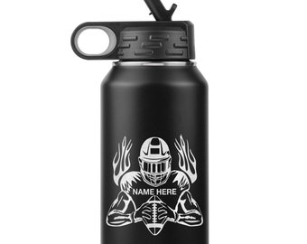Custom Football Player Water Bottle | Laser Etched Stainless Steel Tumbler | Coach Gift, Sports & Team Gift, Travel Athlete Water Bottle
