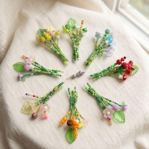 Hand Beaded Floral Stems Set | Handmade Mini Glass Bead Flowers | Fairy Garden Bouquet Fillers | Artisan Vase Decor | Cute Gift for Her
