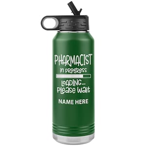 32oz Double Wall Flip Top Water Bottle with Straw, Pharmacist In Progress, Personalized Engraving Included, Funny Pharmacist Water Bottle