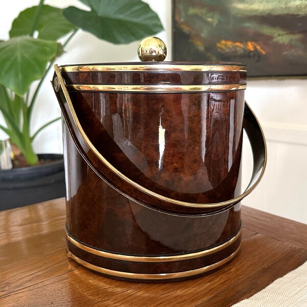 1980 Vinyl Ice Bucket Vintage Georges Briard Brown Marbled Vinyl Handle Barware MCM Tortoise Style Party Bar Drinking Decor Faux Marble Gold