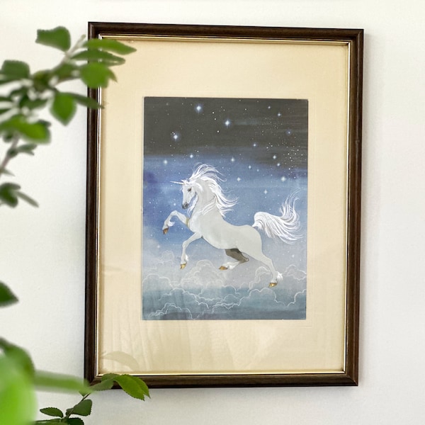 Metallic Unicorn Framed Art - Vintage dufecx print "THE UNICORN" by Anne Grahame Johnstone fantasy beautiful shiny horse magical antique