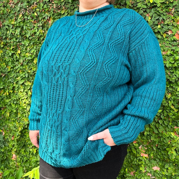 Teal Vintage Sweater Oversized Velvet XL boxy relaxed true vintage 80s 90s chunky grandpa sweatshirt  gift perfect condition mint beautiful