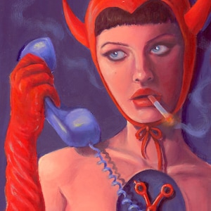 May include: An oil painting of a person in a red devil horn headpiece and gloves, holding a blue telephone receiver. A cigarette is in their mouth, and smoke is rising. A heart-shaped design with scissors is on their chest. The text "TRIXIE.LAVENDER • SADGIRLSTUDIO.SHOP" is at the bottom.