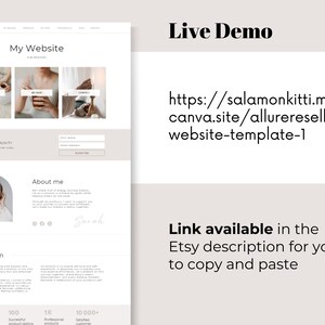 May include: A website template design with a light beige and white color scheme. The design includes sections for "My Website", "About me", and "My Mission". The text "Live Demo" and a website link are also visible.