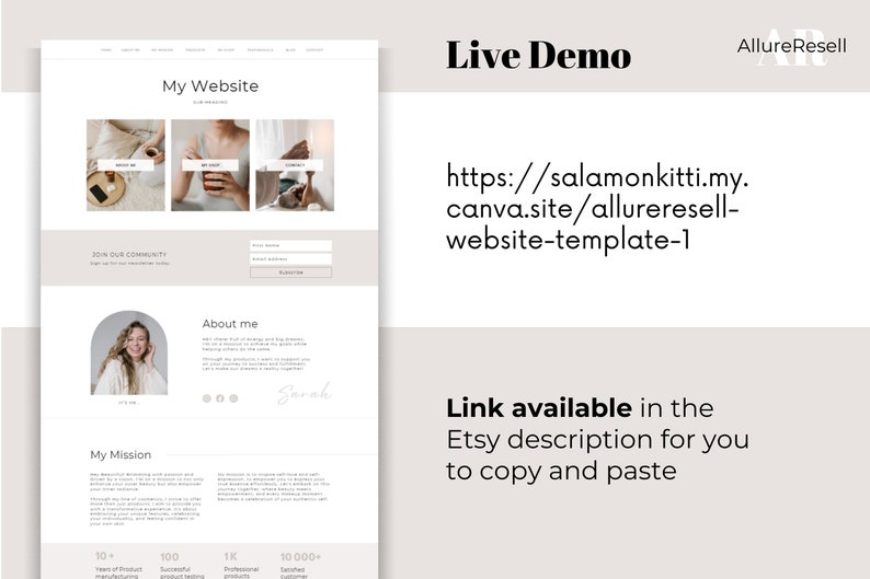 May include: A website template design with a light beige and white color scheme. The design includes sections for "My Website", "About me", and "My Mission". The text "Live Demo" and a website link are also visible.