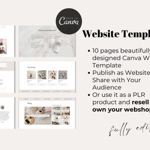 May include: A website template with a neutral color scheme, showcasing various page layouts. The design includes sections for a website, shop, about me, testimonials, and blog. Text on the image reads "Website Template" and "fully editable."