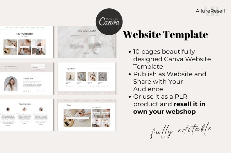 May include: A website template with a neutral color scheme, showcasing various page layouts. The design includes sections for a website, shop, about me, testimonials, and blog. Text on the image reads "Website Template" and "fully editable."