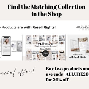 May include: Image featuring a collection of digital templates with resell rights. The image includes mockups of Instagram posts, Canva templates, and a smartphone displaying a template. Text includes "Find the Matching Collection in the Shop" and "Special offer!"