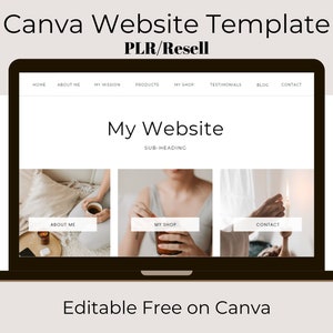 May include: A laptop screen displays a website template with the text "Canva Website Template PLR/Resell." The website design includes sections labeled "About Me," "My Shop," and "Contact." The words "Editable Free on Canva" are also visible.