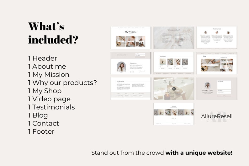May include: A digital mockup showcasing website design elements. The image includes various website page layouts, such as a header, about me, shop, and contact page. Text on the image reads "What's included?" and "Stand out from the crowd with a unique website!"