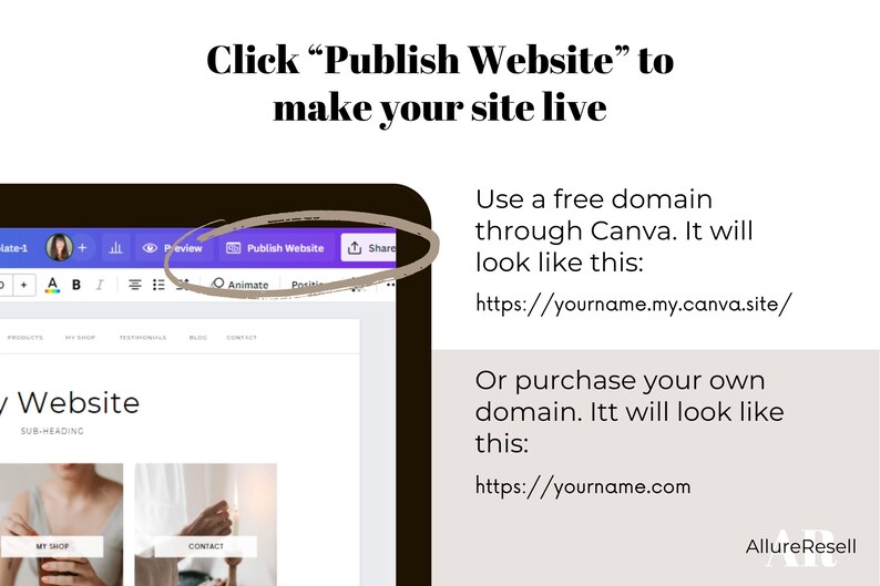 May include: Screenshot of a website design interface with the text "Publish Website" highlighted. Instructions on using a free domain through Canva and purchasing a domain are also displayed. The AllureResell logo is in the bottom right corner.