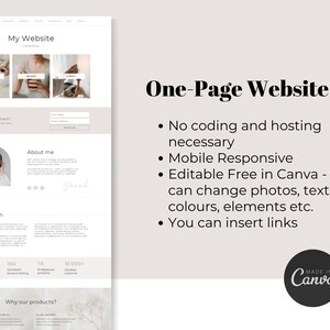 May include: A website design template with the text "My Website" and "One-Page Website." The design includes sections for "About me" and "My Mission," along with a Canva logo. The design is mobile responsive and editable in Canva.