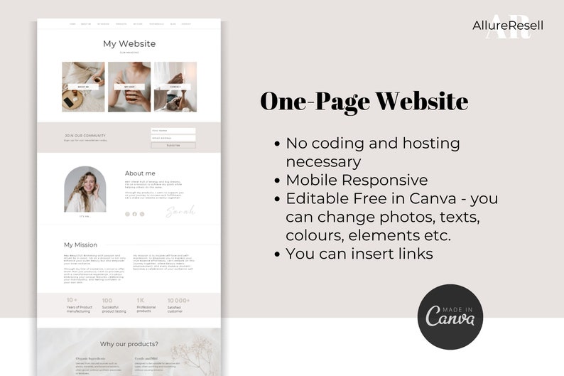 May include: A website design template with the text "My Website" and "One-Page Website." The design includes sections for "About me" and "My Mission," along with a Canva logo. The design is mobile responsive and editable in Canva.