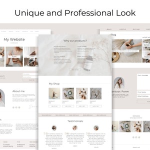 May include: A website design mockup with a clean, minimalist aesthetic. The design includes sections for a website, product details, blog, and contact form. The text "Unique and Professional Look" is at the top.