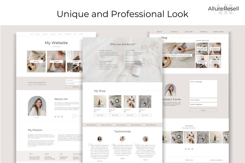 May include: A website design mockup with a clean, minimalist aesthetic. The design includes sections for a website, product details, blog, and contact form. The text "Unique and Professional Look" is at the top.