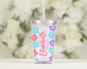 Custom Floral Flower Girl 16oz Tumbler for Flower Girl Proposal, Flower Girl Gift, Personalized Acrylic Cup with Lid and Straw