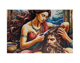 Puede incluir: Una obra de arte en mosaico que representa a una mujer con el pelo largo y castaño cortando el pelo a un hombre con una larga barba. La mujer lleva un vestido rojo y dorado y sostiene unas tijeras plateadas. El hombre está sentado con la cabeza echada hacia atrás. La obra de arte está hecha de pequeños azulejos de colores.