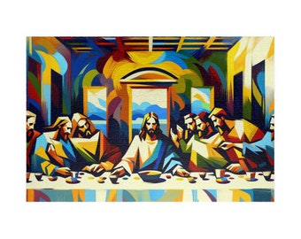 Puede incluir: Una pintura abstracta colorida que representa la Última Cena. Jesús se sienta en el centro de la mesa con sus discípulos a cada lado. La pintura está realizada en un estilo cubista con colores vivos y formas geométricas.