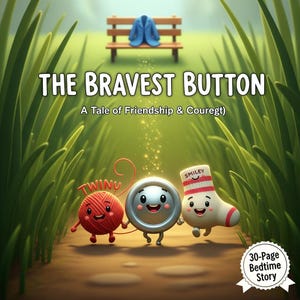 May include: A children's book cover titled "The Bravest Button" with a cartoon illustration. The image features a smiling button, a ball of yarn, and a sock walking on a path. A blue jacket rests on a bench in the background.