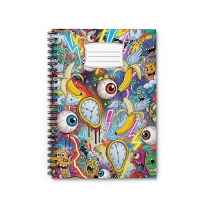 May include: Spiral-bound notebook with a colourful, surreal design. The cover features a collage of cartoon monsters, bananas, melting clocks, and eyeballs. A white label with lines is at the top. The notebook's design is eye-catching and whimsical.