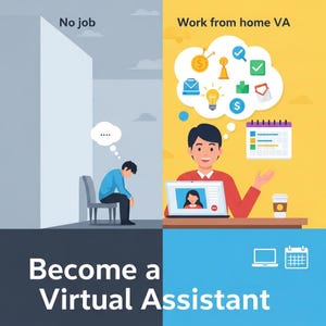 May include: An illustration contrasting 'No job' with 'Work from home VA'. A person sits dejectedly, while another works on a laptop. Icons of money, ideas, and success are in a thought bubble. Text reads 'Become a Virtual Assistant'.