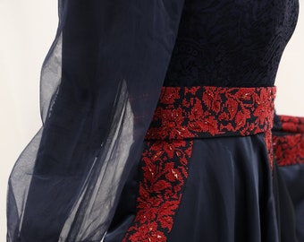 Handmade One-of-a-Kind Modern Style Tareez Dress-Navy