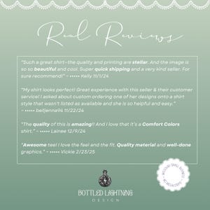 May include: A graphic featuring customer reviews for a product. The text includes positive feedback about the quality, printing, and customer service. The design includes the words "Real Reviews" and the brand name "Bottled Lightning Design."