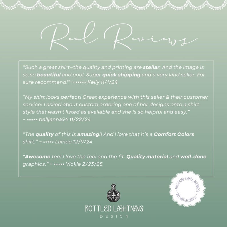 May include: A graphic featuring customer reviews for a product. The text includes positive feedback about the quality, printing, and customer service. The design includes the words "Real Reviews" and the brand name "Bottled Lightning Design."