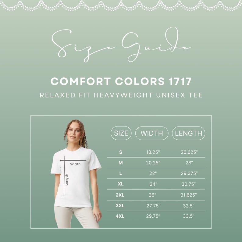 May include: A white Comfort Colors 1717 relaxed fit heavyweight unisex tee shirt with a size guide. The size guide shows the width and length measurements in inches for sizes S through 4XL.