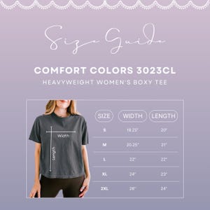 Comfort Colors sizing guide graphic showing fit measurements for 3023CL boxy cropped tee