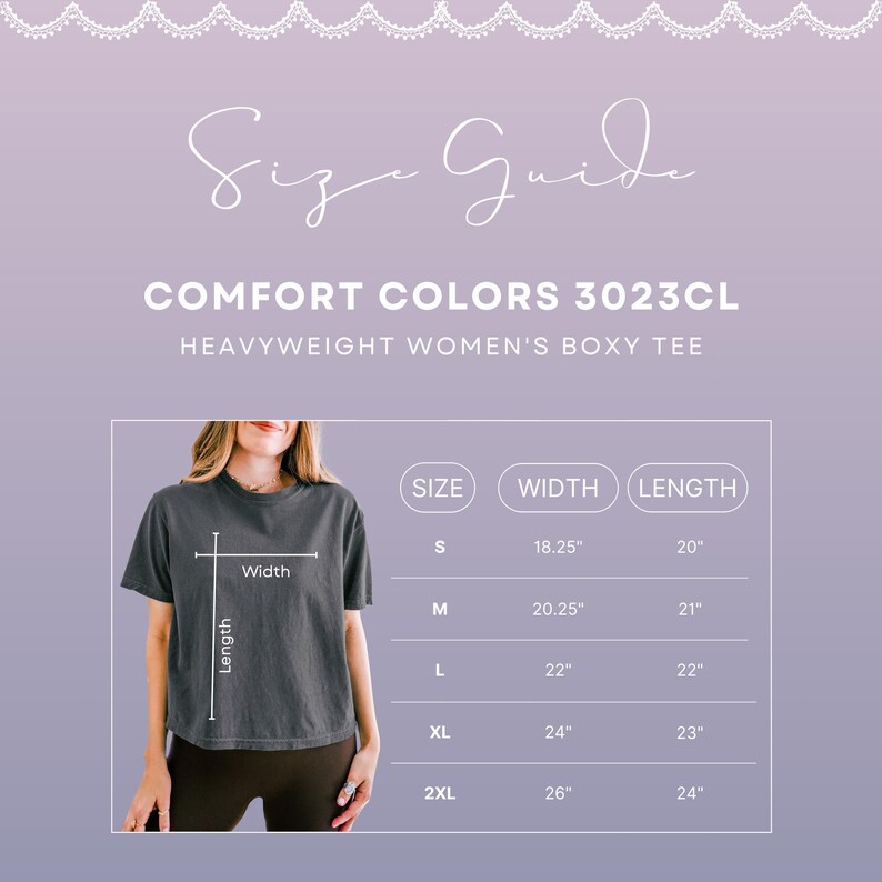 Comfort Colors sizing guide graphic showing fit measurements for 3023CL boxy cropped tee