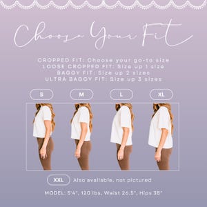Choose Your Fit guide for cropped tee showing different fits from S to XL on same model