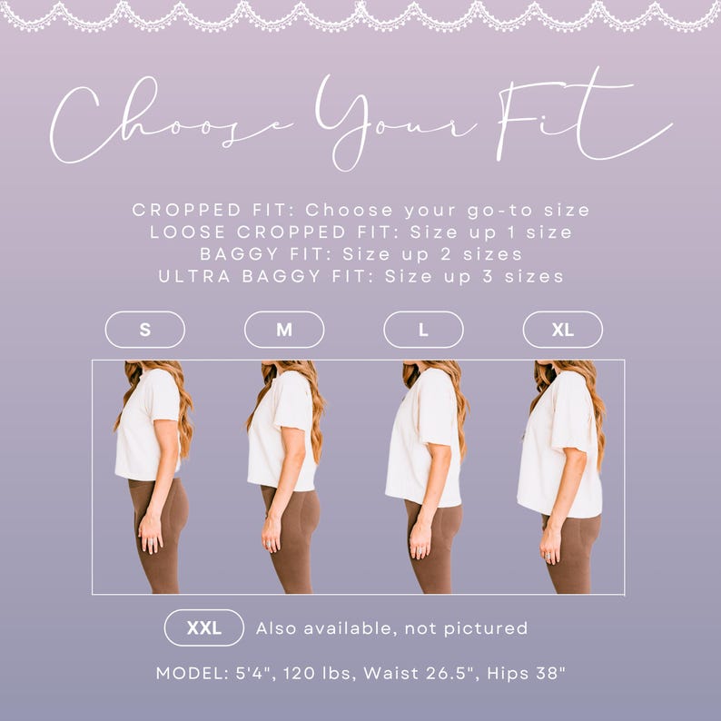 Choose Your Fit guide for cropped tee showing different fits from S to XL on same model
