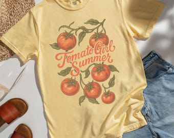 Tomatflicka sommartröja - Comfort Colors unisex t-shirt, vintage tomat t-shirt, botanisk Cottagecore grafisk t-shirt, trendig sommartopp