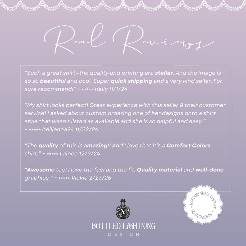 Review graphic showing customer praise for quality printing, Comfort Colors softness, and excellent seller experience